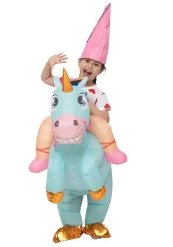 Inflatable Riding-A-Blue Unicorn Costume For Kids -Halloween Costumes Outlet Store child inflatable riding a blue unicorn costume alt 1