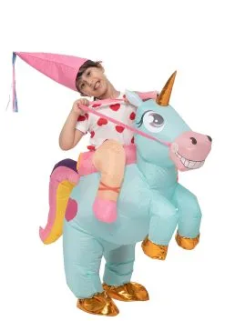 Inflatable Riding-A-Blue Unicorn Costume For Kids -Halloween Costumes Outlet Store child inflatable riding a blue unicorn costume alt 4